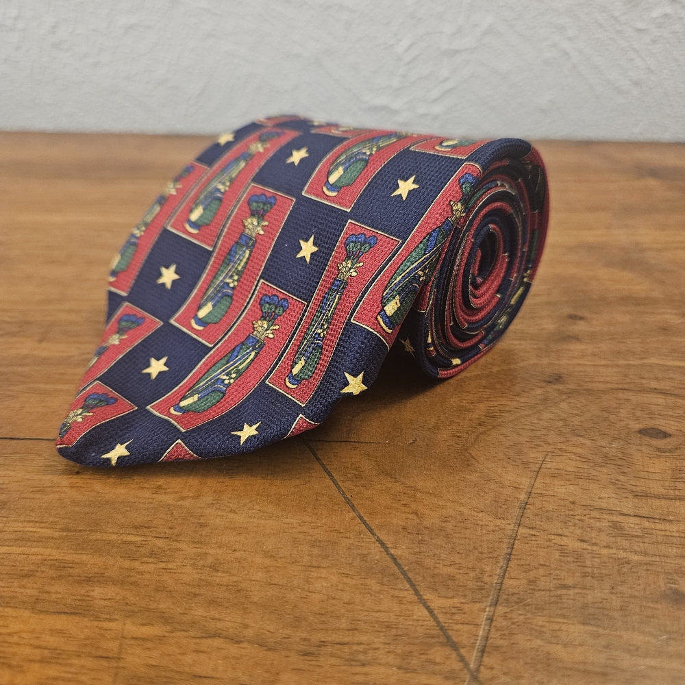 Tommy Hilfiger Men's 100% Silk Tie Golf Clubs Red Blue Yellow Green Made In USA